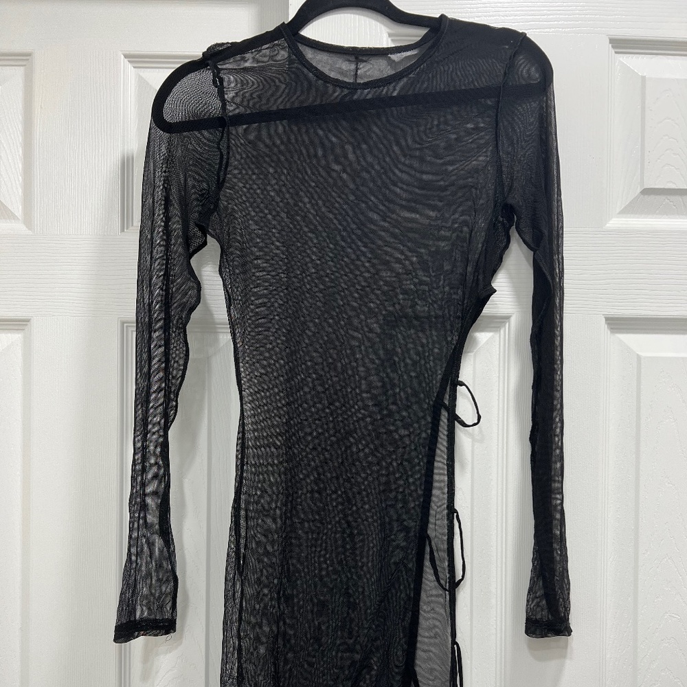 Black Mesh Pool Cover Up with Thigh High Cut Out - Vegas, Vacation, Pool Party